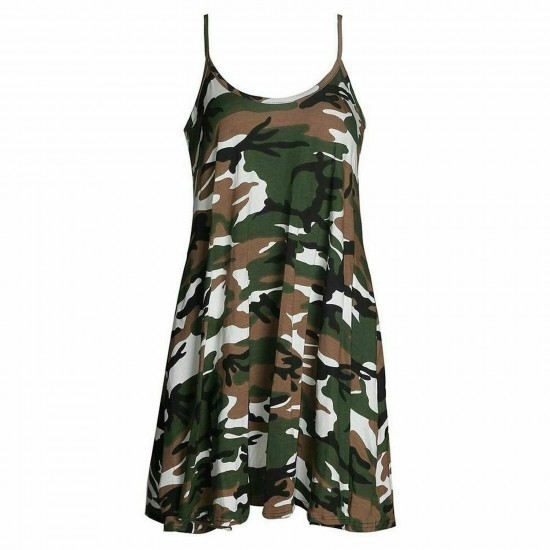 Women Camisole Print Flared Skater Strappy Vest Top Swing Mini Summer Dress