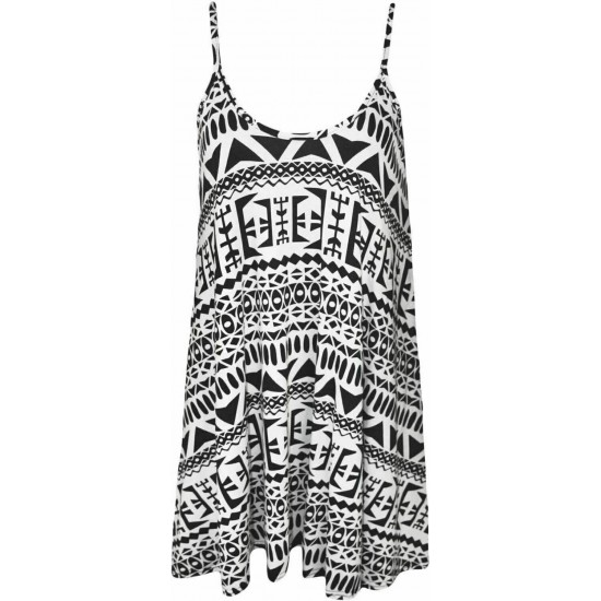 Women Camisole Print Flared Skater Strappy Vest Top Swing Mini Summer Dress