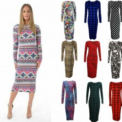 Womens Ladies Long Sleeve Midi Dress Stretch Bodycon Print Jersey Maxi Plus Size