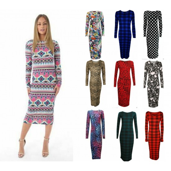 Womens Ladies Long Sleeve Midi Dress Stretch Bodycon Print Jersey Maxi Plus Size