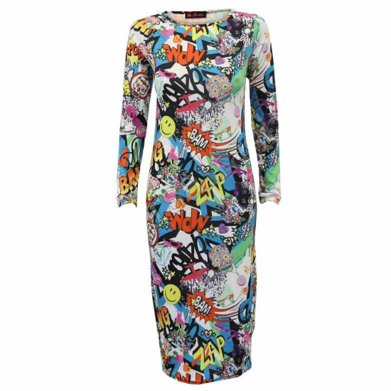 Womens Ladies Long Sleeve Midi Dress Stretch Bodycon Print Jersey Maxi Plus Size