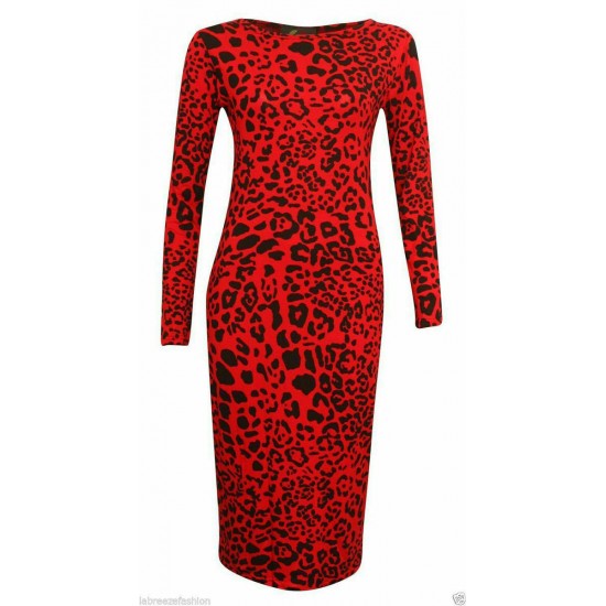 Womens Ladies Long Sleeve Midi Dress Stretch Bodycon Print Jersey Maxi Plus Size