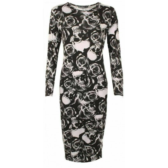 Womens Ladies Long Sleeve Midi Dress Stretch Bodycon Print Jersey Maxi Plus Size