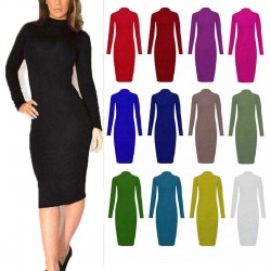 Womens Turtle Polo Neck Long Sleeve Plain Stretch Bodycon Ladies Midi Dress 8-26