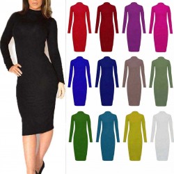 Womens Turtle Polo Neck Long Sleeve Plain Stretch Bodycon Ladies Midi Dress 8-26