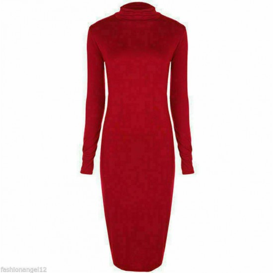 Womens Turtle Polo Neck Long Sleeve Plain Stretch Bodycon Ladies Midi Dress 8-26