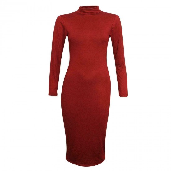 Womens Turtle Polo Neck Long Sleeve Plain Stretch Bodycon Ladies Midi Dress 8-26