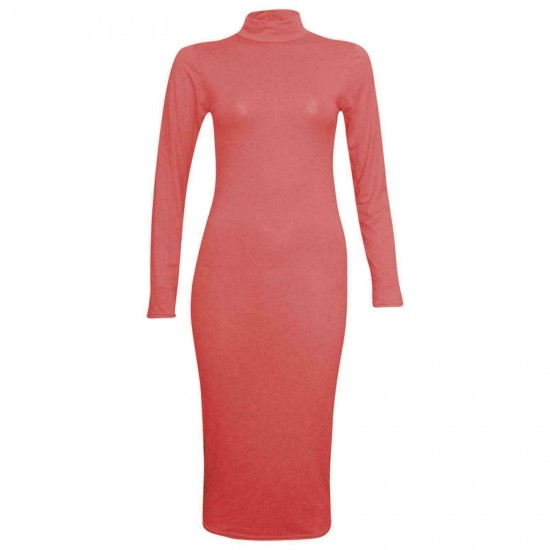 Womens Turtle Polo Neck Long Sleeve Plain Stretch Bodycon Ladies Midi Dress 8-26