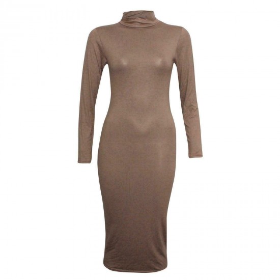 Womens Turtle Polo Neck Long Sleeve Plain Stretch Bodycon Ladies Midi Dress 8-26
