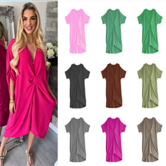 LADIES SUMMER SMOCK ASHLEE KNOT DRESS WOMANS V-NECK SOLID A LINE LOOSE DRESSES