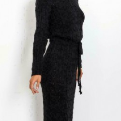 Women’s Cable Knitted Jumper Dress Ladies Pocket Tie up Long Midi Dresses Top