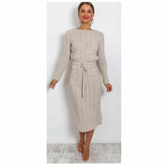 Women’s Cable Knitted Jumper Dress Ladies Pocket Tie up Long Midi Dresses Top