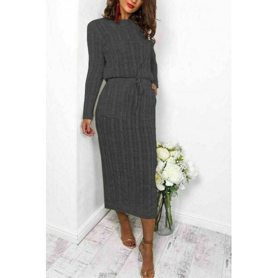 Women’s Cable Knitted Jumper Dress Ladies Pocket Tie up Long Midi Dresses Top