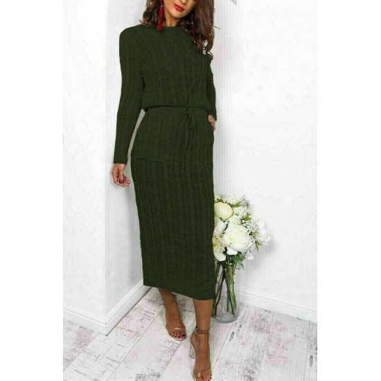 Women’s Cable Knitted Jumper Dress Ladies Pocket Tie up Long Midi Dresses Top