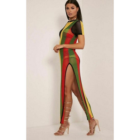 ✅ Rihanna Work Dress Rasta Jamaican Side Slit Split Mesh Carnival Riana Reggae