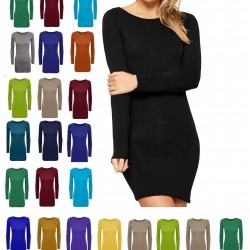 Womens Ladies Long Sleeve MIDI Dress Stretch Bodycon Plain Jersey Maxi Plus Size