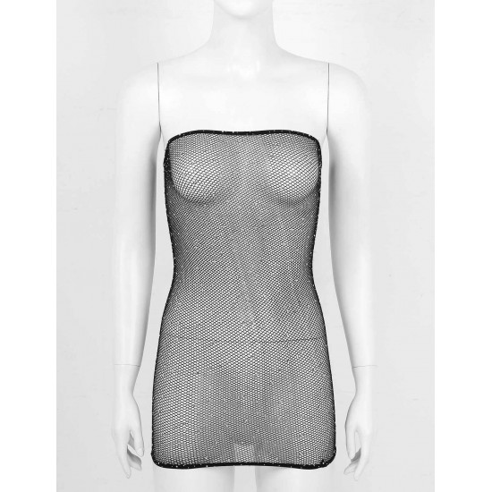 Women Sheer Mesh Mini Dress Bodycon Tube Dress See Through Nightwear Clubwear