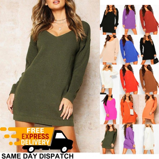 Ladies Womens V Plunge Jumper Dress Oversized Baggy Chunky Knit Long Sweater Top