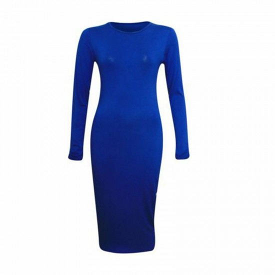 WOMENS LADIES LONG SLEEVE MIDI DRESS STRETCH BODYCON PLAIN JERSEY 8-26