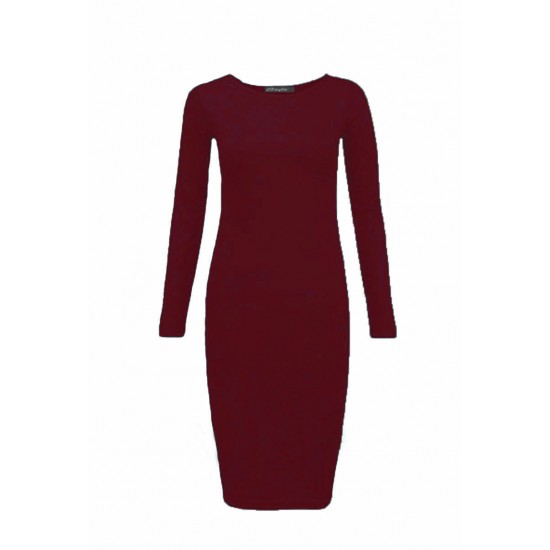 WOMENS LADIES LONG SLEEVE MIDI DRESS STRETCH BODYCON PLAIN JERSEY 8-26