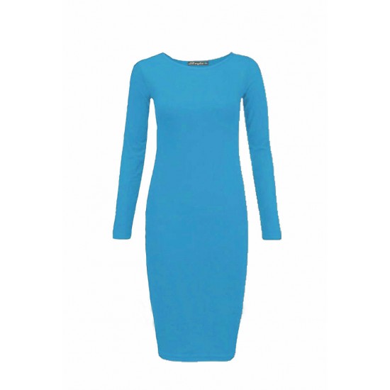 WOMENS LADIES LONG SLEEVE MIDI DRESS STRETCH BODYCON PLAIN JERSEY 8-26