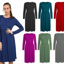 WOMAN LADIES FRANKIE SWING DRESS FLARED SKATER JERSEY LONG SLEEVE MIDI PLUS 8-26