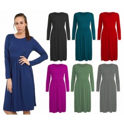 WOMAN LADIES FRANKIE SWING DRESS FLARED SKATER JERSEY LONG SLEEVE MIDI PLUS 8-26