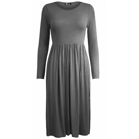 WOMAN LADIES FRANKIE SWING DRESS FLARED SKATER JERSEY LONG SLEEVE MIDI PLUS 8-26