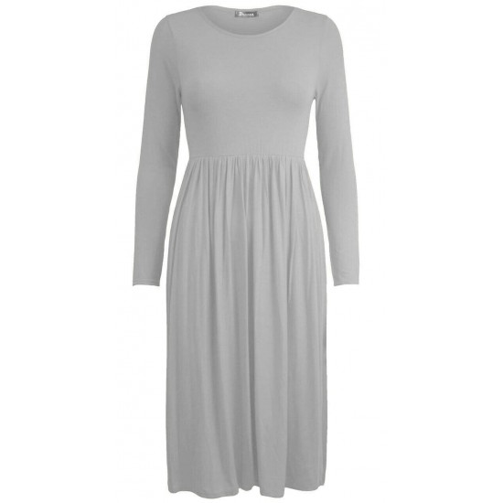 WOMAN LADIES FRANKIE SWING DRESS FLARED SKATER JERSEY LONG SLEEVE MIDI PLUS 8-26