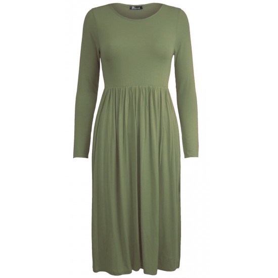 WOMAN LADIES FRANKIE SWING DRESS FLARED SKATER JERSEY LONG SLEEVE MIDI PLUS 8-26