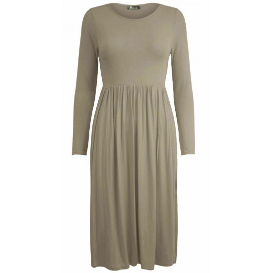 WOMAN LADIES FRANKIE SWING DRESS FLARED SKATER JERSEY LONG SLEEVE MIDI PLUS 8-26