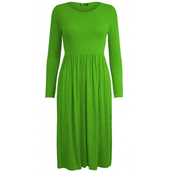 WOMAN LADIES FRANKIE SWING DRESS FLARED SKATER JERSEY LONG SLEEVE MIDI PLUS 8-26