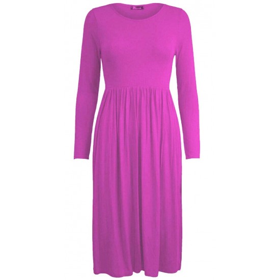 WOMAN LADIES FRANKIE SWING DRESS FLARED SKATER JERSEY LONG SLEEVE MIDI PLUS 8-26