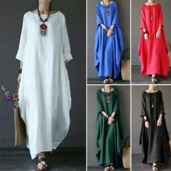 Ladies 3/4 Sleeve Long Dress Womens Casual Kaftan Maxi Sundress Plain Plus Size