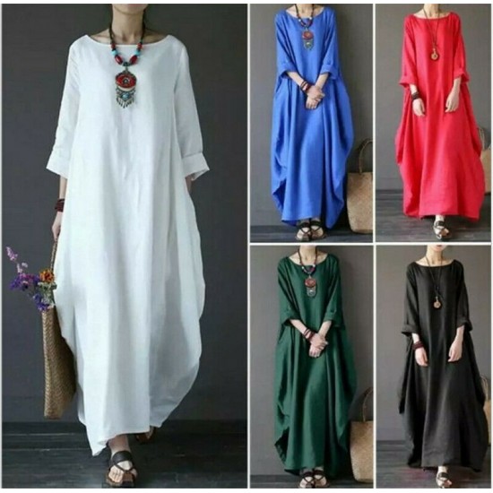 Ladies 3/4 Sleeve Long Dress Womens Casual Kaftan Maxi Sundress Plain Plus Size