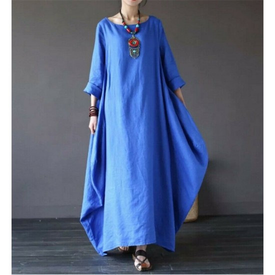 Ladies 3/4 Sleeve Long Dress Womens Casual Kaftan Maxi Sundress Plain Plus Size