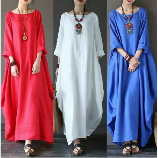 Ladies 3/4 Sleeve Long Dress Womens Casual Kaftan Maxi Sundress Plain Plus Size