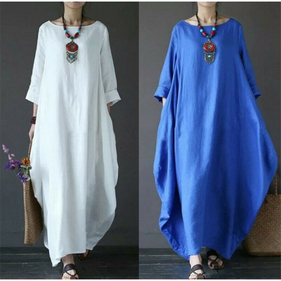 Ladies 3/4 Sleeve Long Dress Womens Casual Kaftan Maxi Sundress Plain Plus Size