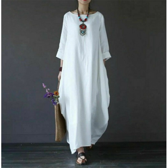 Ladies 3/4 Sleeve Long Dress Womens Casual Kaftan Maxi Sundress Plain Plus Size