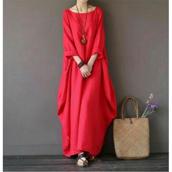 Ladies 3/4 Sleeve Long Dress Womens Casual Kaftan Maxi Sundress Plain Plus Size