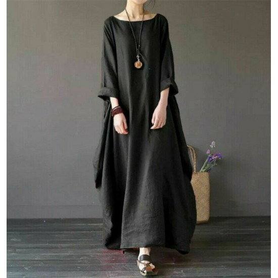Ladies 3/4 Sleeve Long Dress Womens Casual Kaftan Maxi Sundress Plain Plus Size