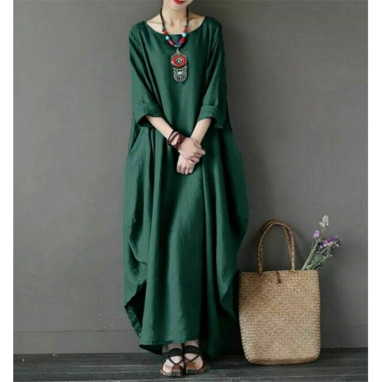 Ladies 3/4 Sleeve Long Dress Womens Casual Kaftan Maxi Sundress Plain Plus Size