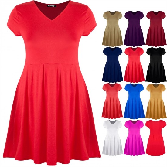 Plus Size Ladies Womens V Neck Franki Shift Dress Flared Cap Sleeve Skater Dress