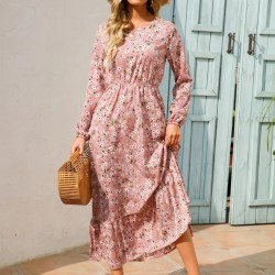 Women Spring Summer Style Chiffon Dresses Lady Casual Long Sleeve O-Neck Flower Printed Chiffon Dress Vestidos SS3803