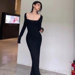 Women Spring Autumn Style Long Sleeve low cut Collar Mermaid Sexy Dress Vestidos SS031