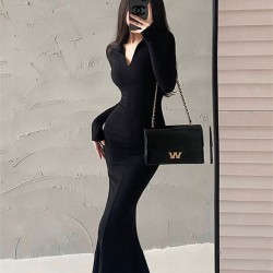 Women Spring Autumn Style Long Sleeve Zipper Collar Mermaid Sexy Dress Vestidos SS156