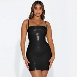 Women Summer Club Cocktail Party Dress Lady Sexy Sleeveless Sexy PU Leather Sheath Mini Dress Vestidos SS351