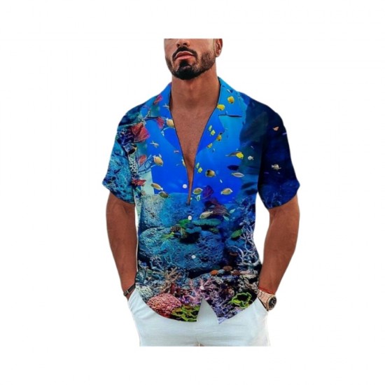 Men's Hawaiian Short Sleeve Shirt Summer Ocean Printed Beach Style Vintage Clothing Fashion Lapel Single Breasted Casual Size