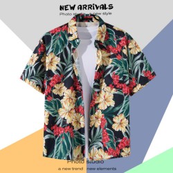 Hawaiian Men's Floral Shirt Summer Geometric Print Short Sleeved Top Oversized Seaside Holiday Single Breasted Casual Clothing