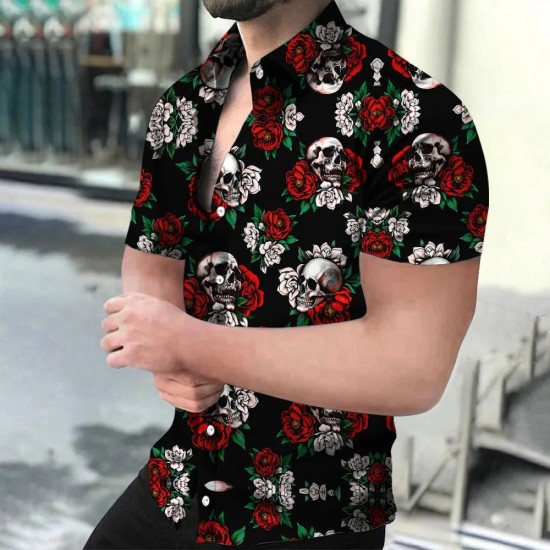 Summer Men's Shirts Hawaiian Shirt Skull Graphic 3D Printing Outdoor Street Short Sleeves Men Fashion Clothing Tops Streetwear